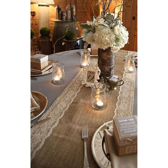 Long Burlap Table Runner with White Lace for Wedding Baby Bridal Shower 12 x 72 - Picture 3 of 4